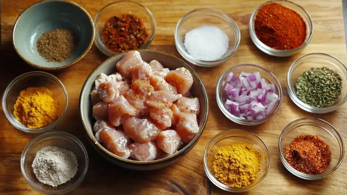 Diced chicken breast recipes ingredient prep on wooden surface