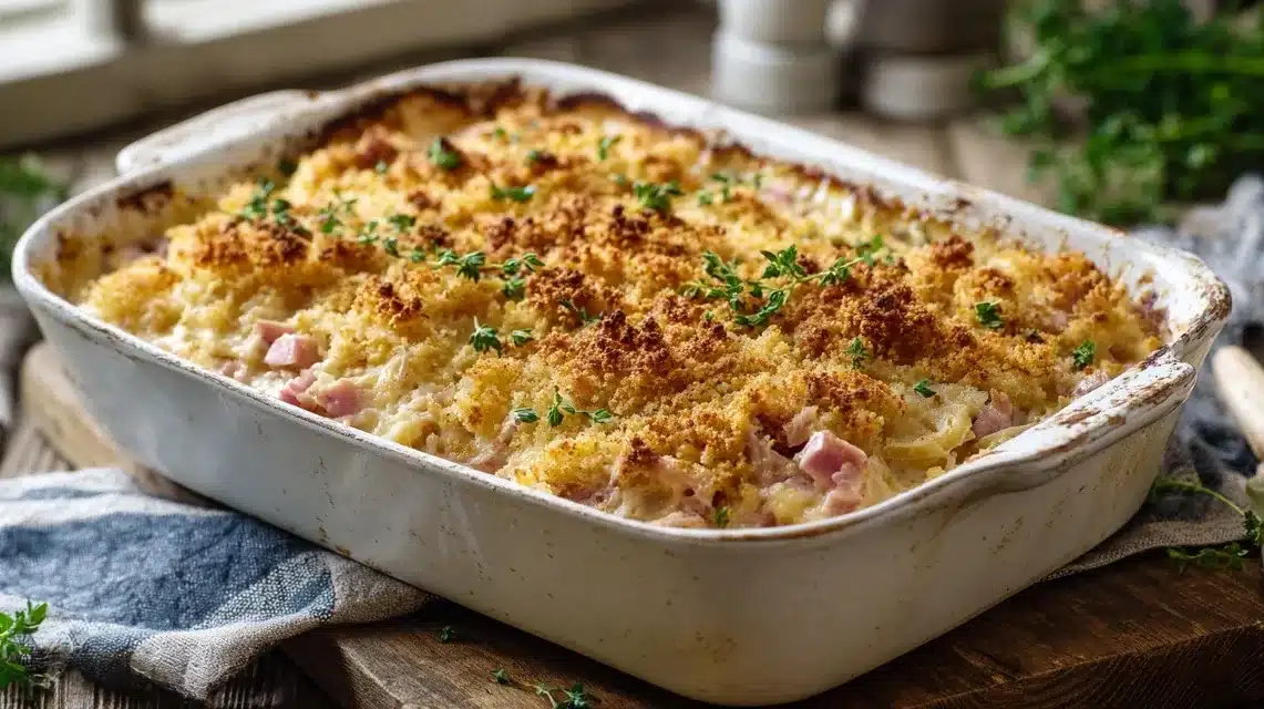 Chicken cordon bleu casserole served on a rustic farmhouse table