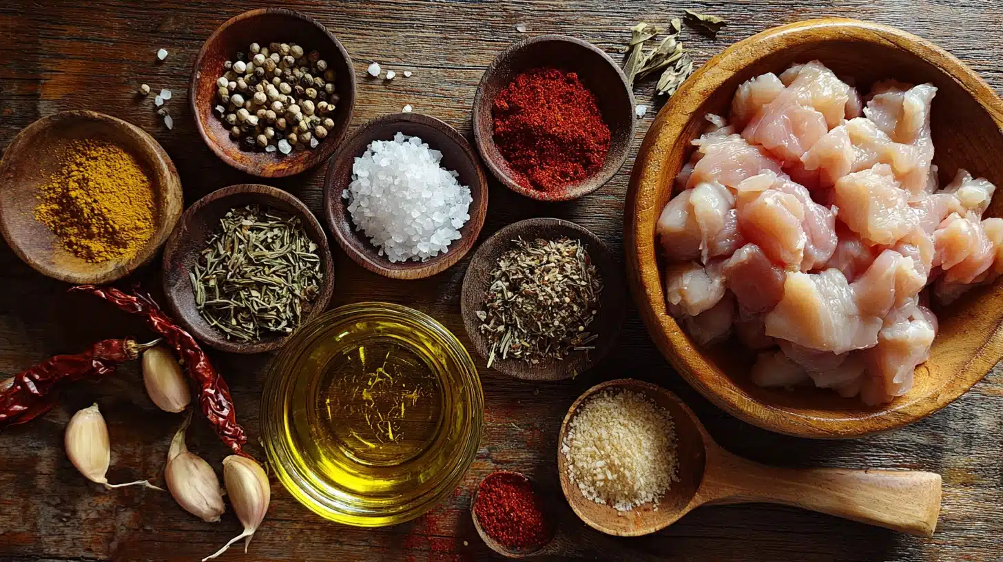 Ingredients for baked chicken bites on kitchen counter