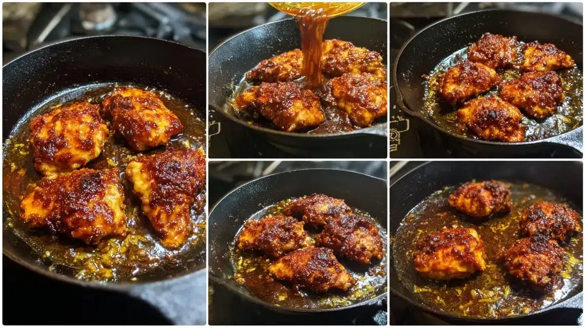 Cooking harissa honey chicken in a skillet