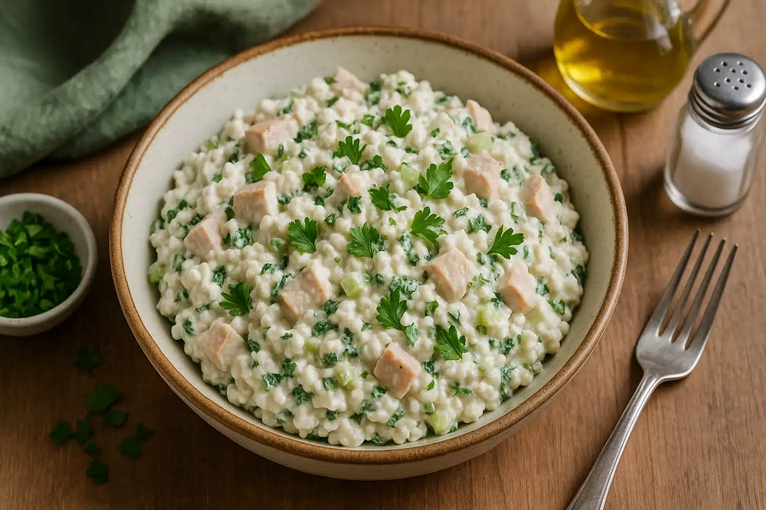 Cottage cheese chicken salad in a rustic bowl