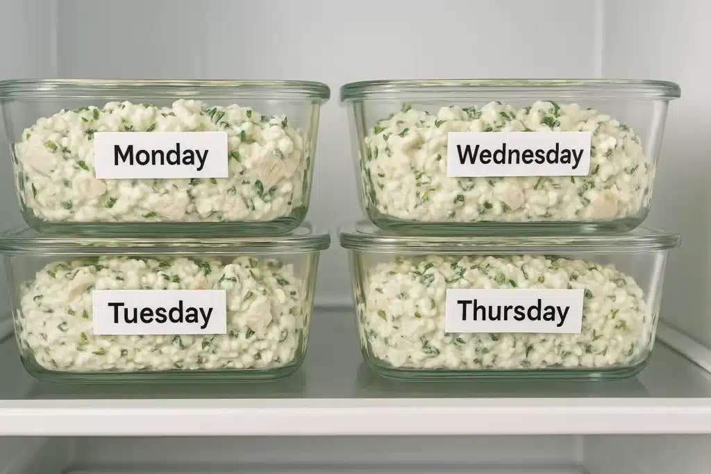 Meal prep containers with cottage cheese chicken salad