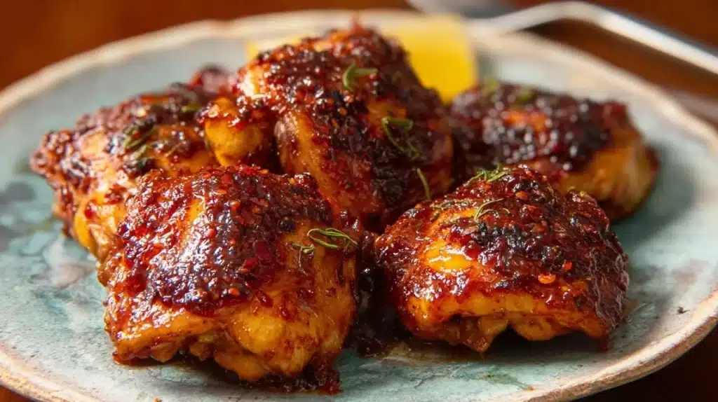 Harissa Honey Chicken glazed and served on rustic plate