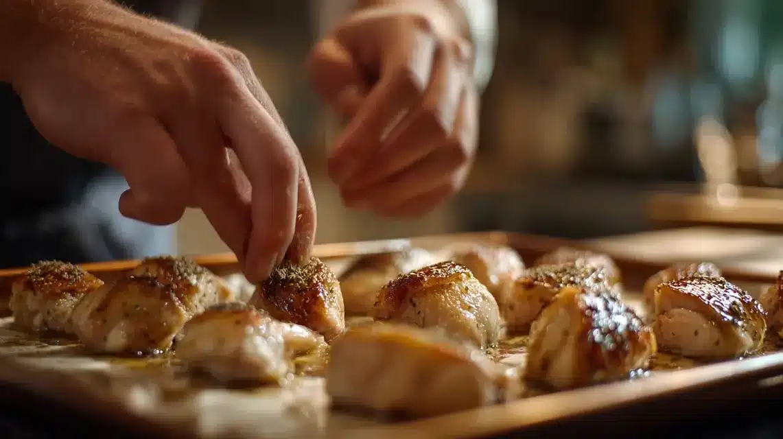 Preparing baked chicken bites for the oven