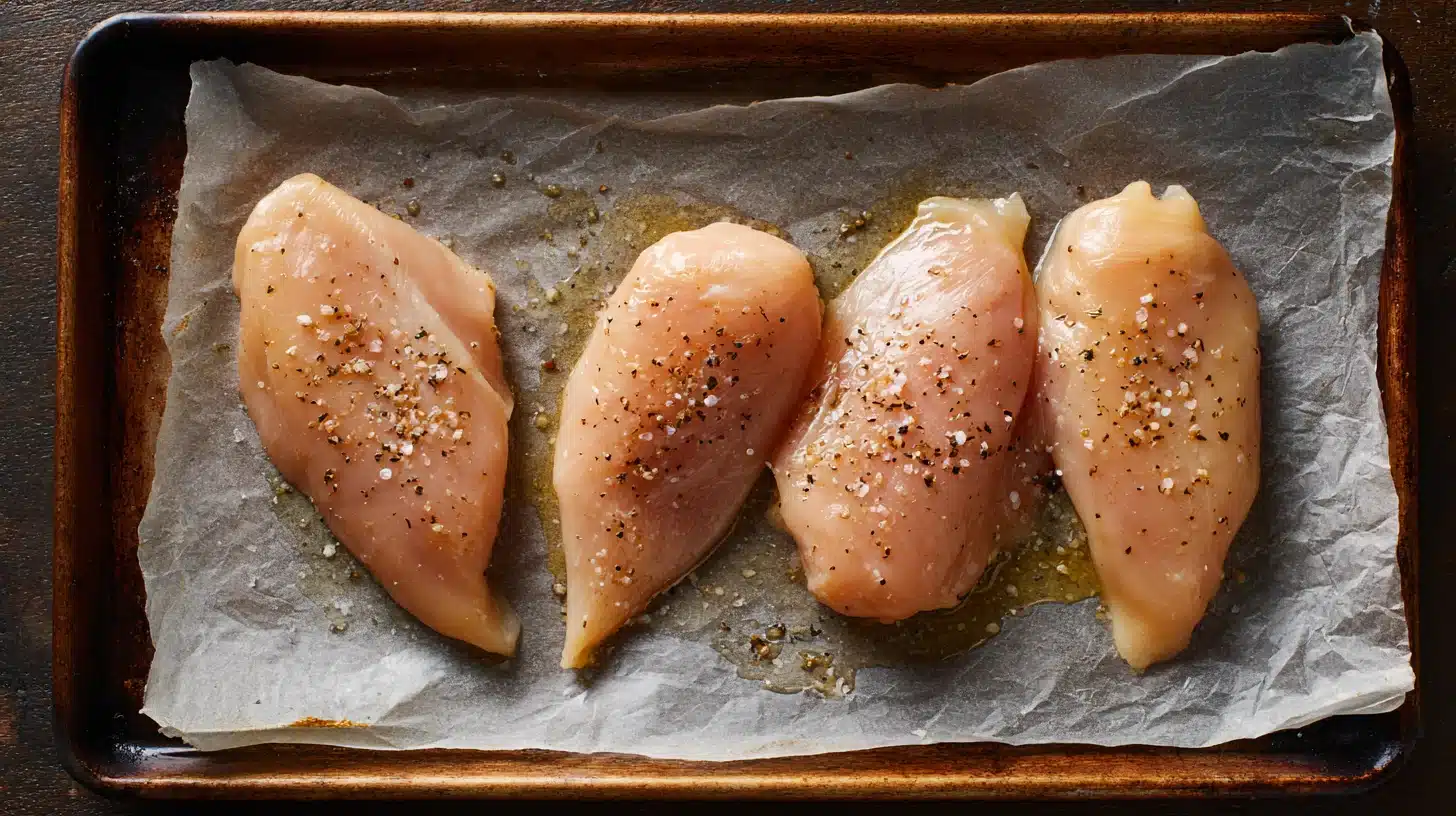 Chicken breasts arranged on baking sheet for parmesan crusted recipe