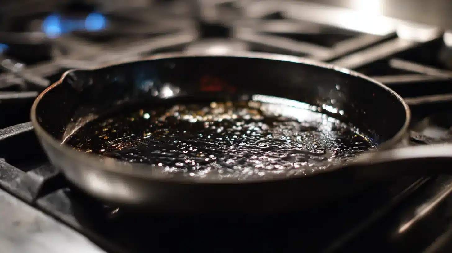 Skillet heating oil for taco chicken and rice