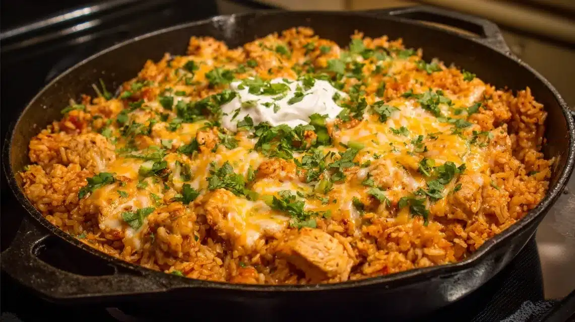 Taco chicken and rice served on a rustic plate