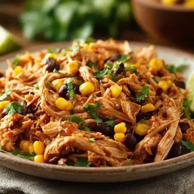 Crockpot southwest chicken served on a rustic plate