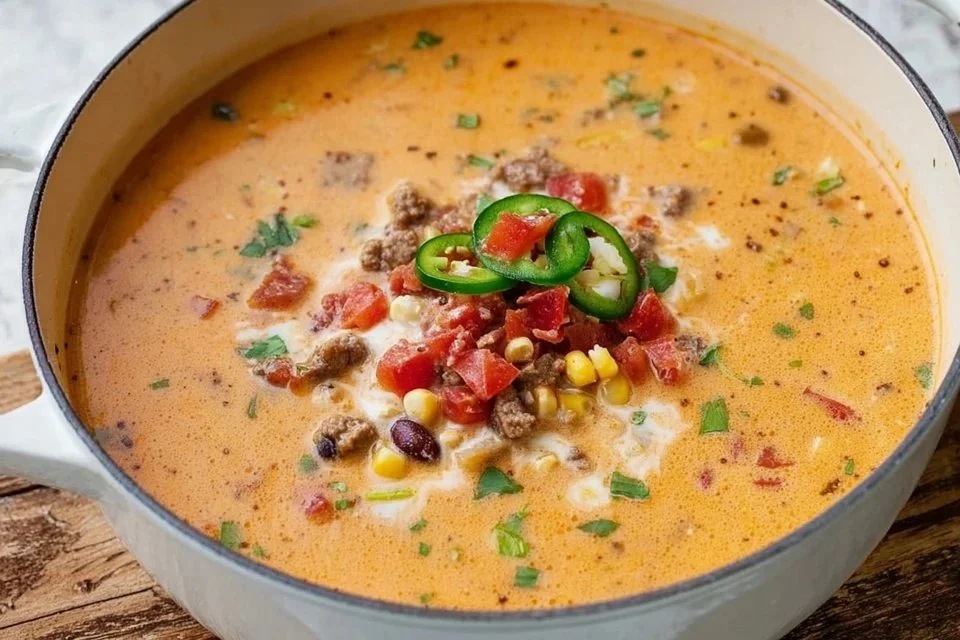Bowl of creamy taco soup with toppings like cheese and cilantro.