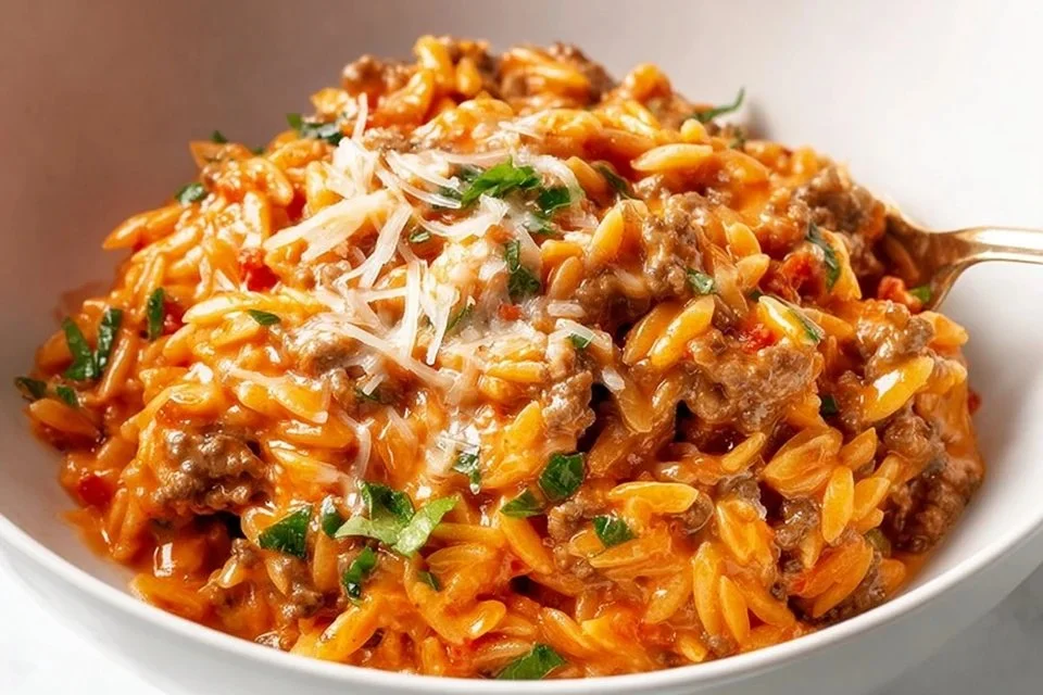 Ground Beef Orzo with Tomato Cream Sauce served in a bowl