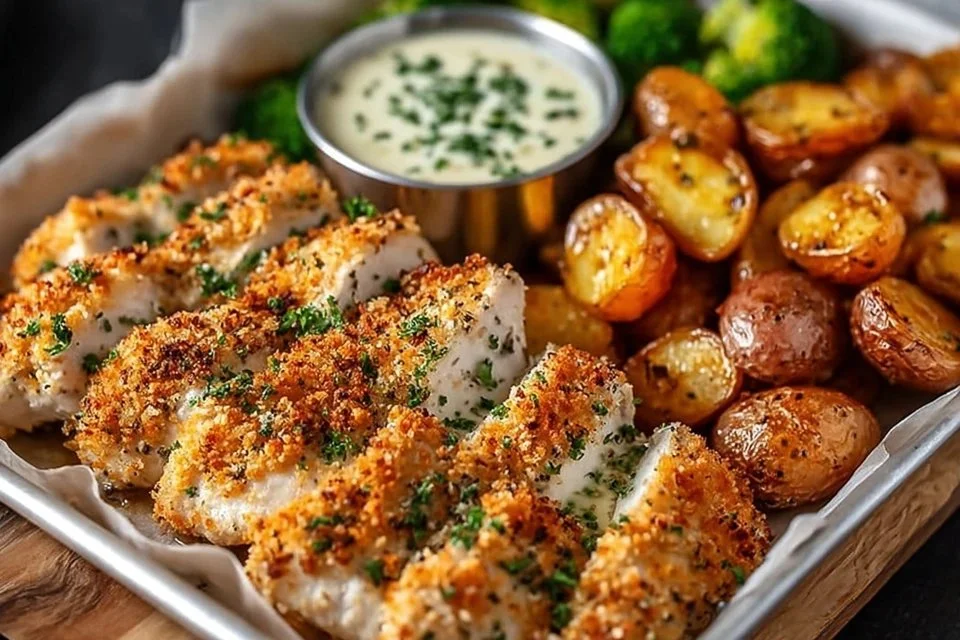 Parmesan Crusted Chicken on a sheet pan with vegetables