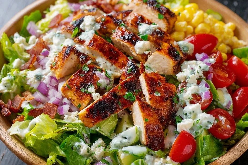 Delicious BBQ Chicken Salad topped with fresh vegetables and smoky dressing