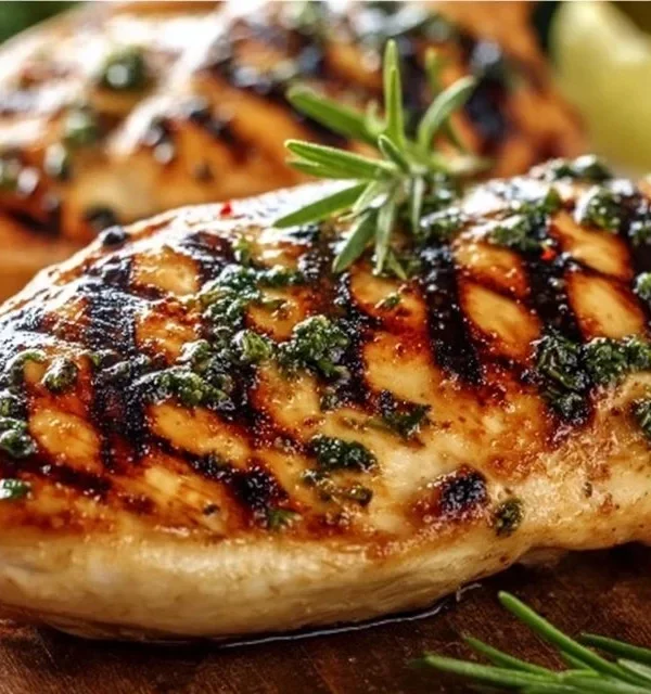 Delicious grilled chicken breast served with fresh vegetables on a plate.