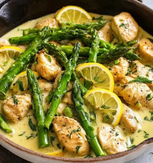 Creamy lemon chicken bake with asparagus and herbs on a serving dish