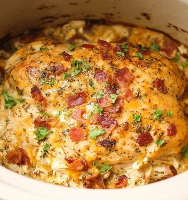 Delicious easy Crockpot Chicken served on a plate with vegetables
