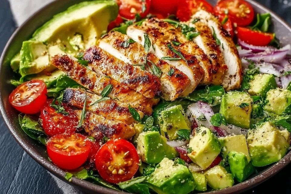Healthy avocado chicken salad with creamy dressing and fresh ingredients