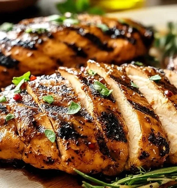 Flavor-packed grilled chicken marinade recipe showcased with grilled chicken breasts.