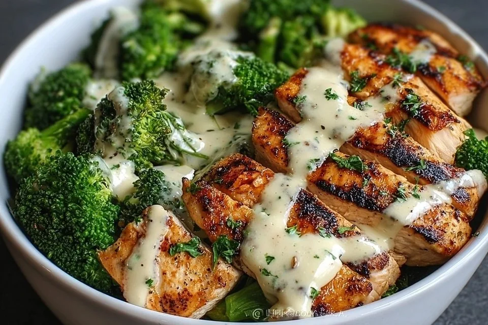 Healthy grilled chicken bowls with colorful vegetables and grains