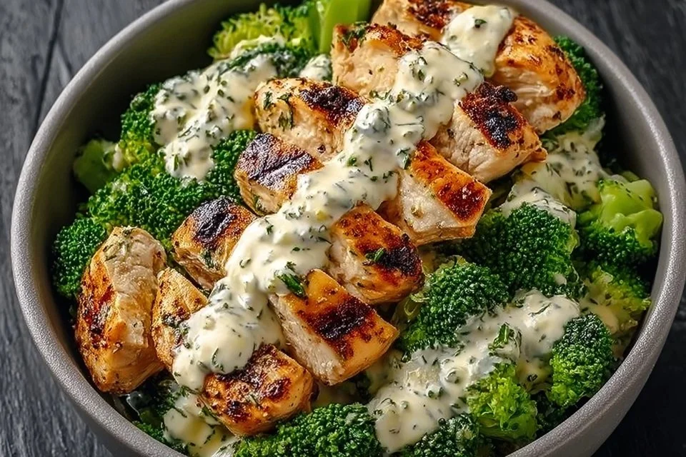 Grilled Chicken & Broccoli Bowls with Creamy Garlic Sauce
