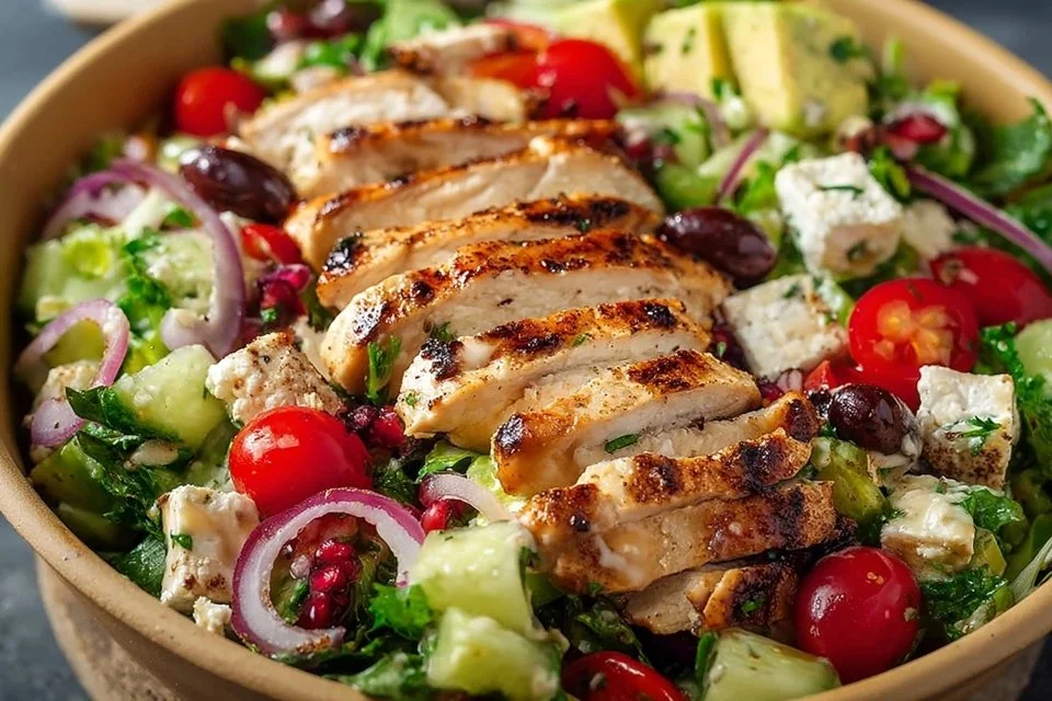 Healthy Mediterranean Chicken Salad with fresh vegetables and herbs