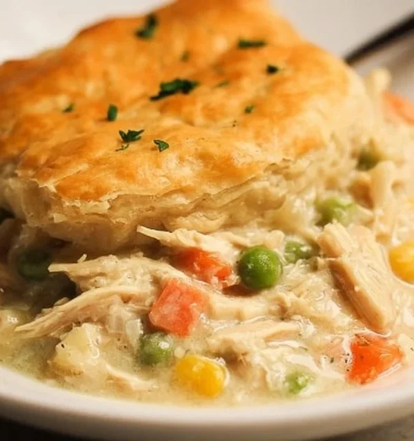 Delicious slow cooker chicken pot pie with golden crust and creamy filling